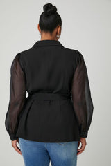 Plus Size Belted Sheer-Sleeve Blazer