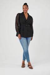 Plus Size Belted Sheer-Sleeve Blazer