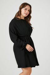 Plus Size Drawstring Peasant-Sleeve Mini Dress