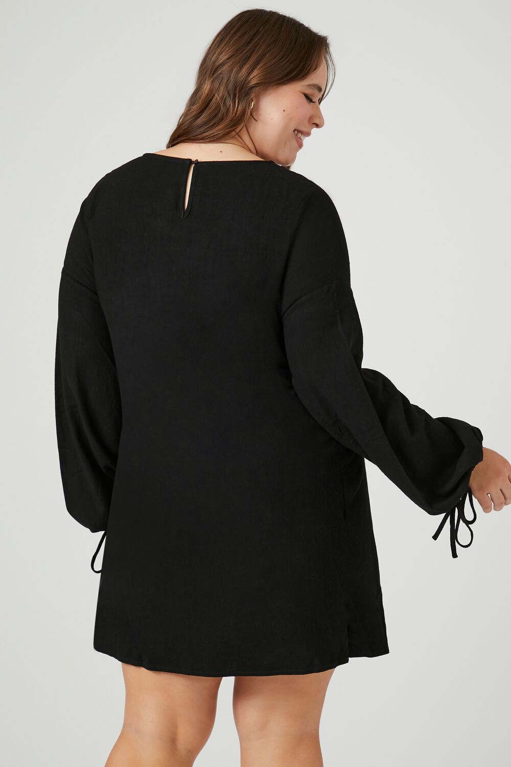Plus Size Drawstring Peasant-Sleeve Mini Dress