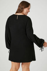 Plus Size Drawstring Peasant-Sleeve Mini Dress