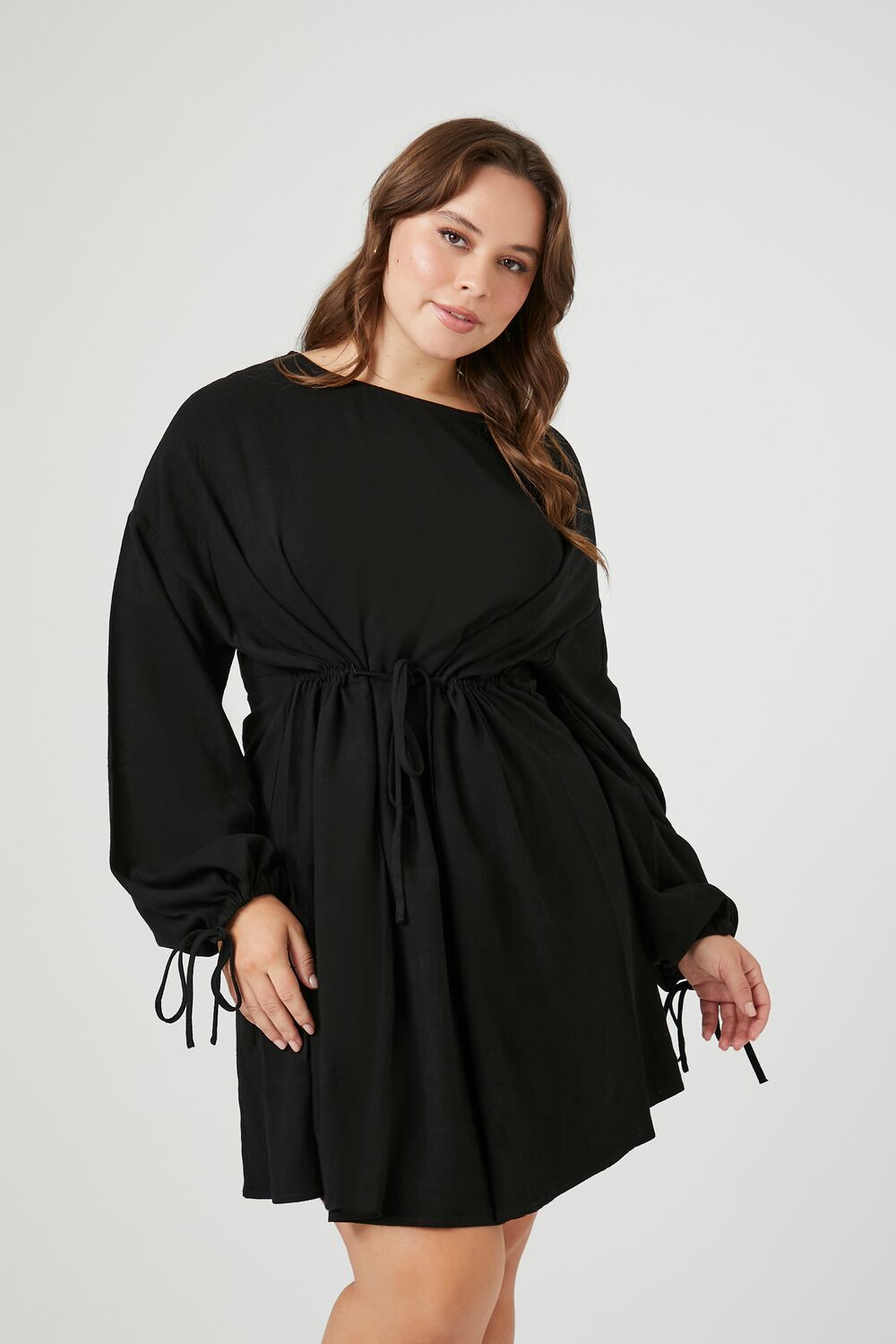 Plus Size Drawstring Peasant-Sleeve Mini Dress