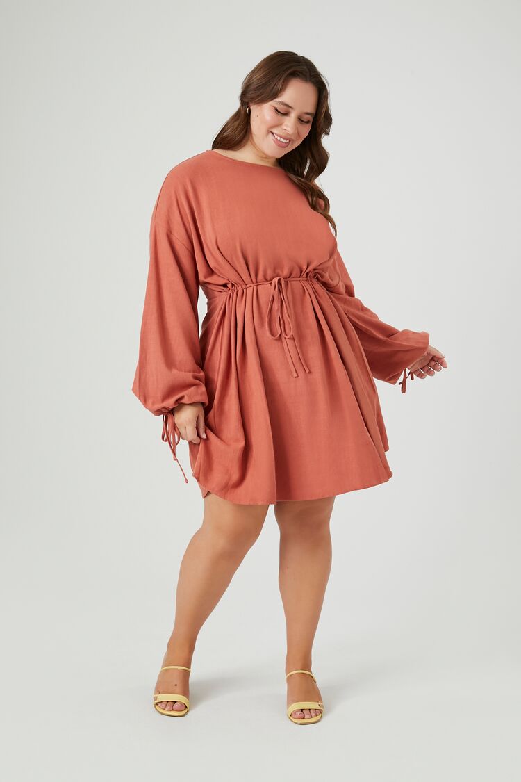 Plus Size Drawstring Peasant-Sleeve Mini Dress