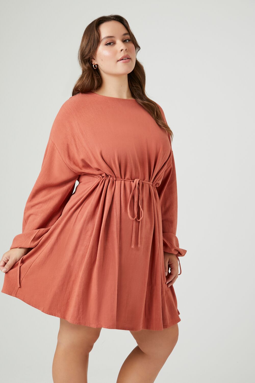 Plus Size Drawstring Peasant-Sleeve Mini Dress