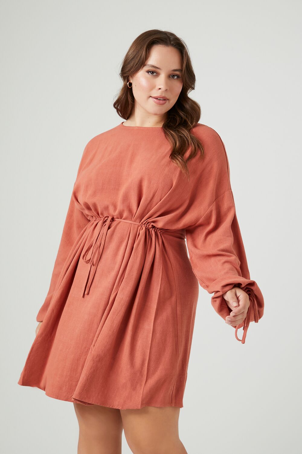 Plus Size Drawstring Peasant-Sleeve Mini Dress