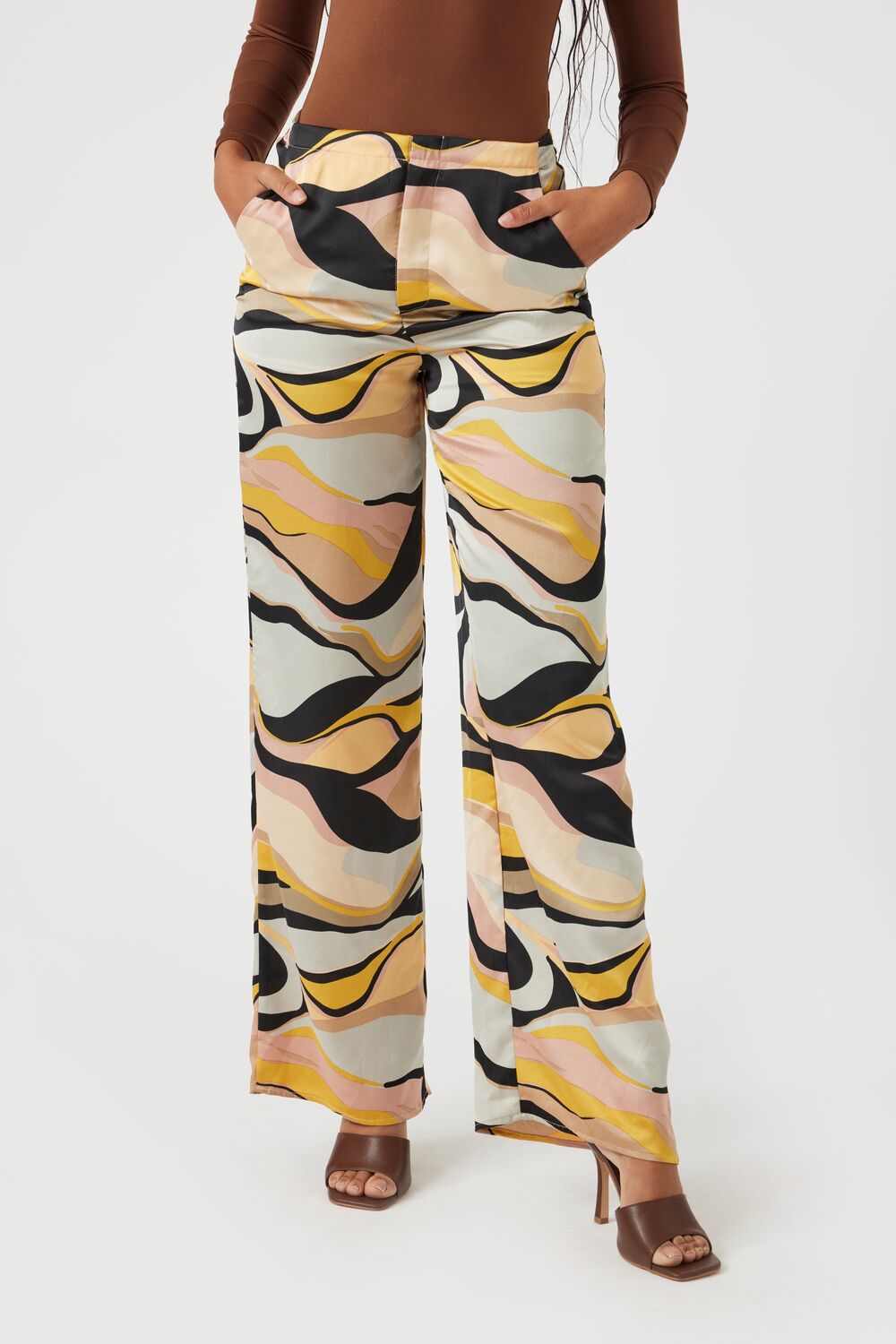 Satin Abstract Print Wide-Leg Pants