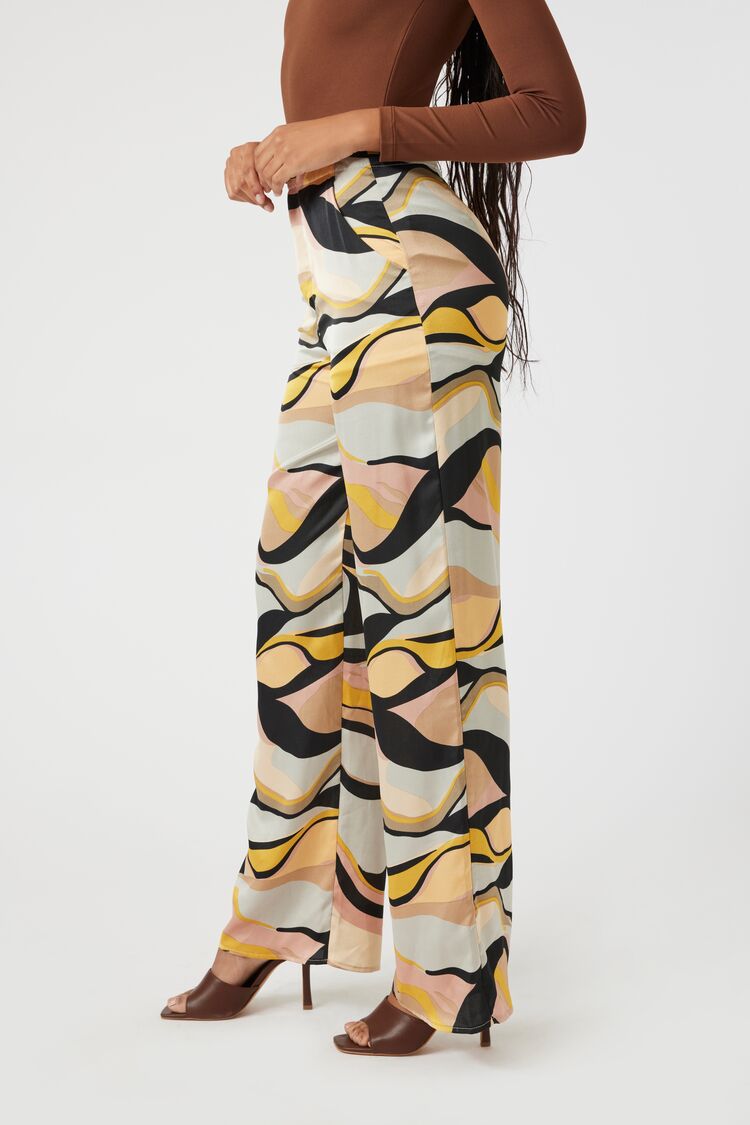 Satin Abstract Print Wide-Leg Pants