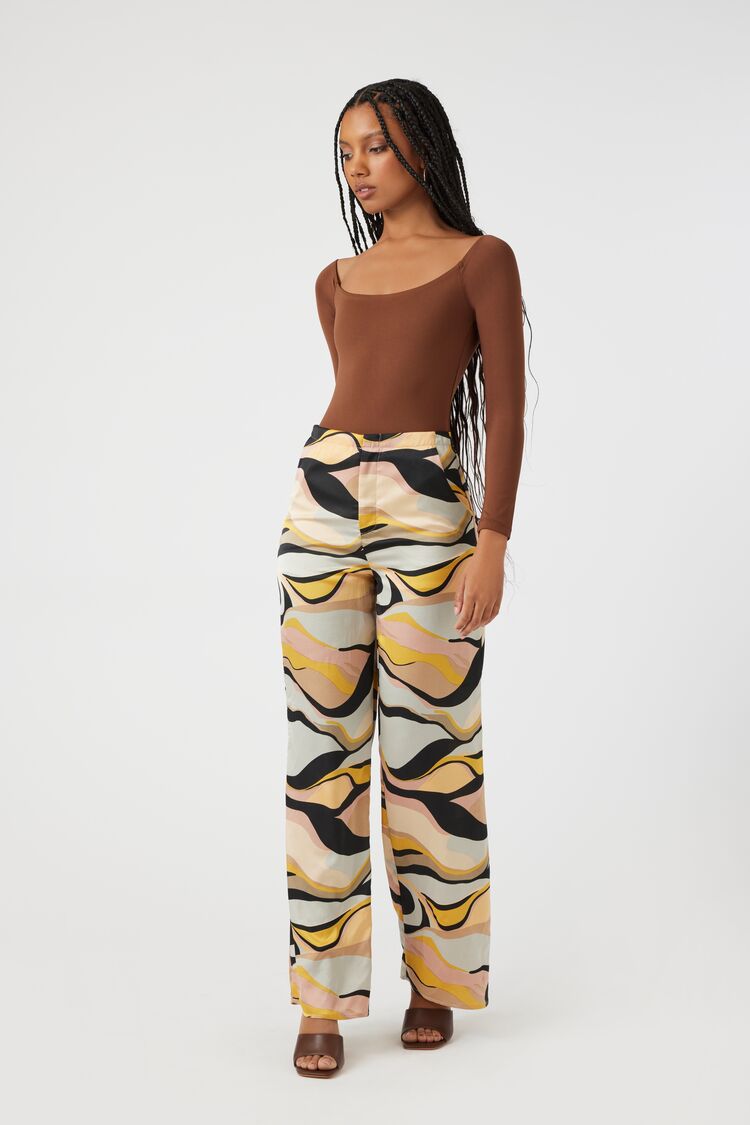 Satin Abstract Print Wide-Leg Pants