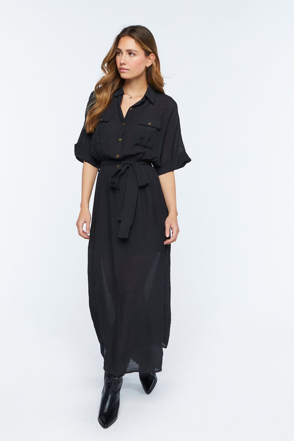 Belted Button-Front Maxi Dress