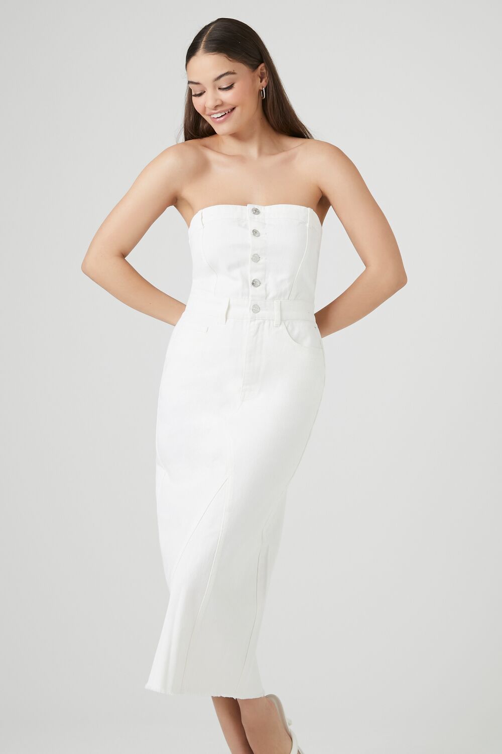 Button-Front Denim Tube Dress