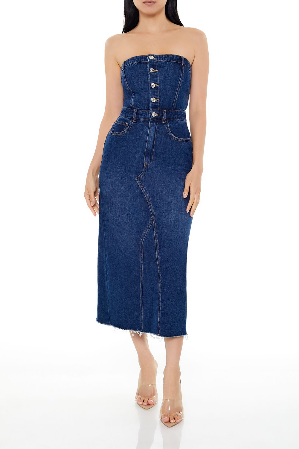 Button-Front Denim Tube Dress