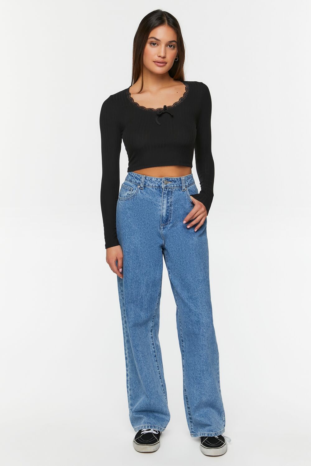 Lace-Trim Long-Sleeve Crop Top