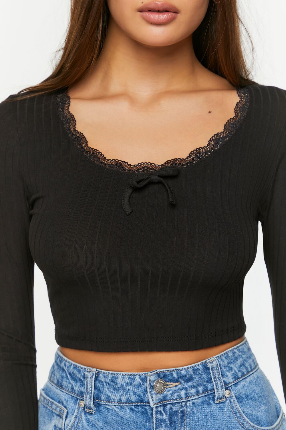 Lace-Trim Long-Sleeve Crop Top