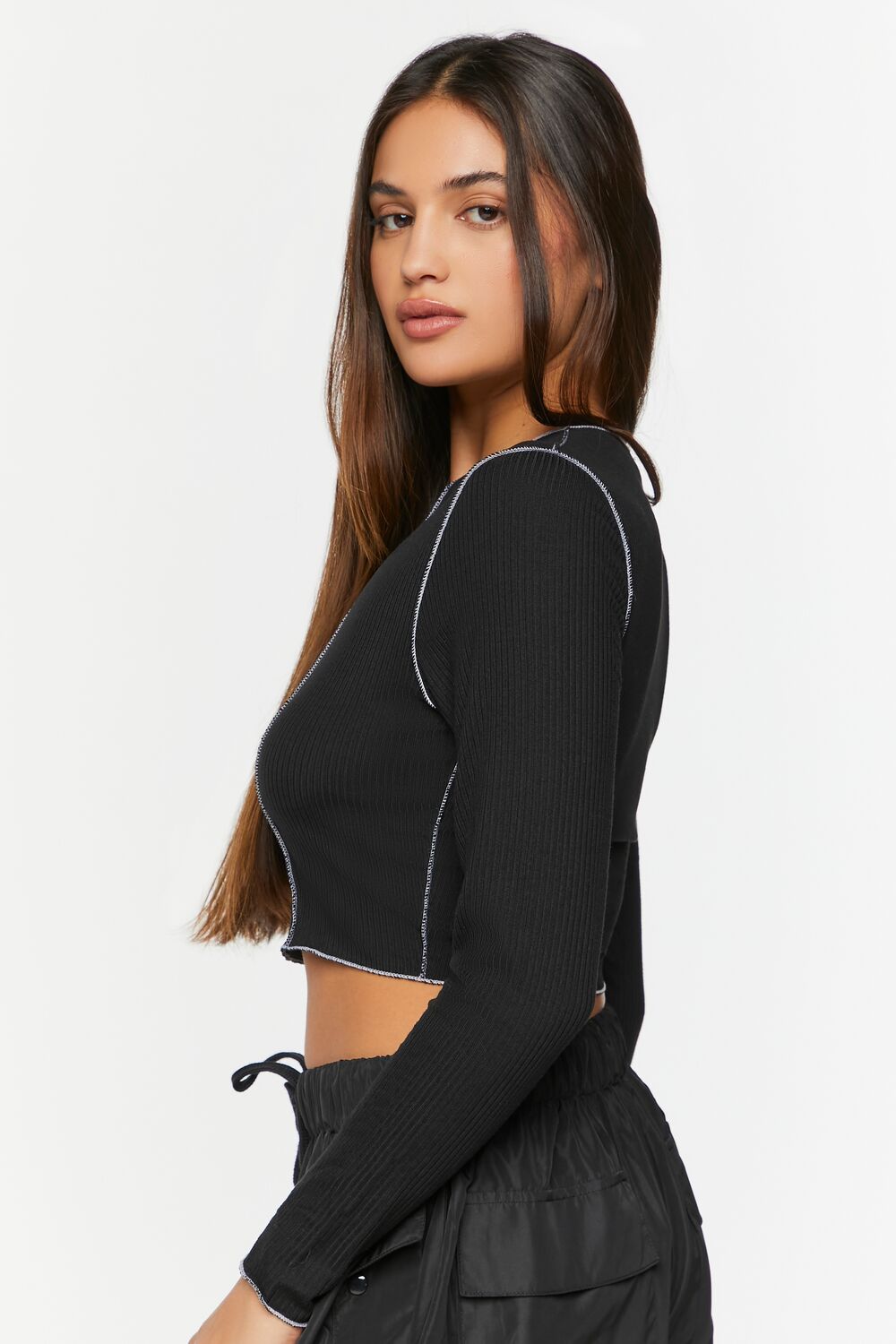 Contrast-Seam Long-Sleeve Crop Top