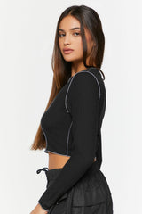 Contrast-Seam Long-Sleeve Crop Top