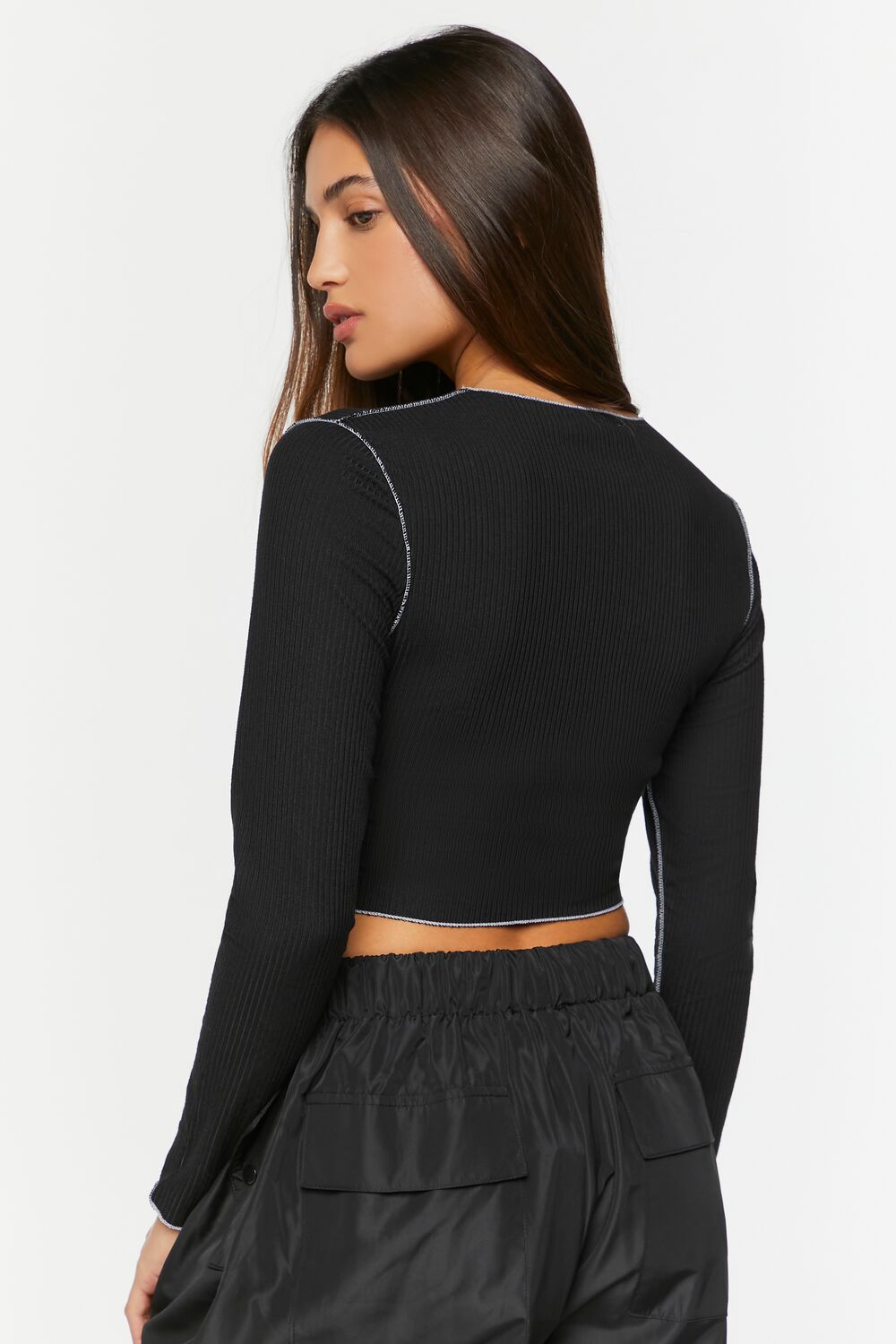 Contrast-Seam Long-Sleeve Crop Top