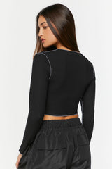 Contrast-Seam Long-Sleeve Crop Top