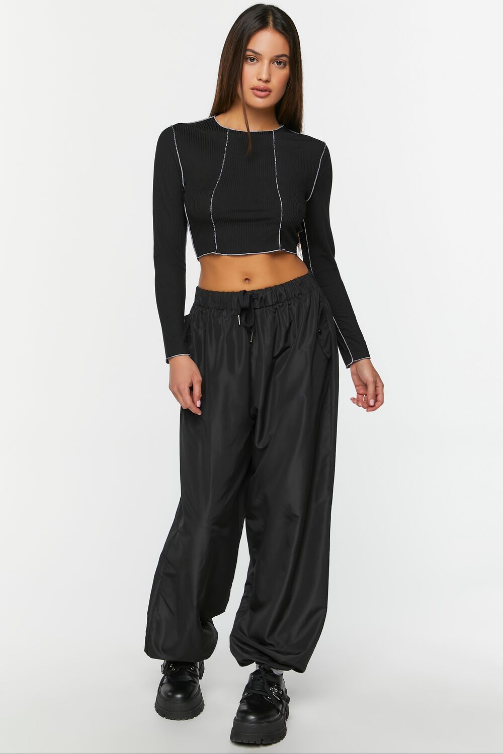 Contrast-Seam Long-Sleeve Crop Top