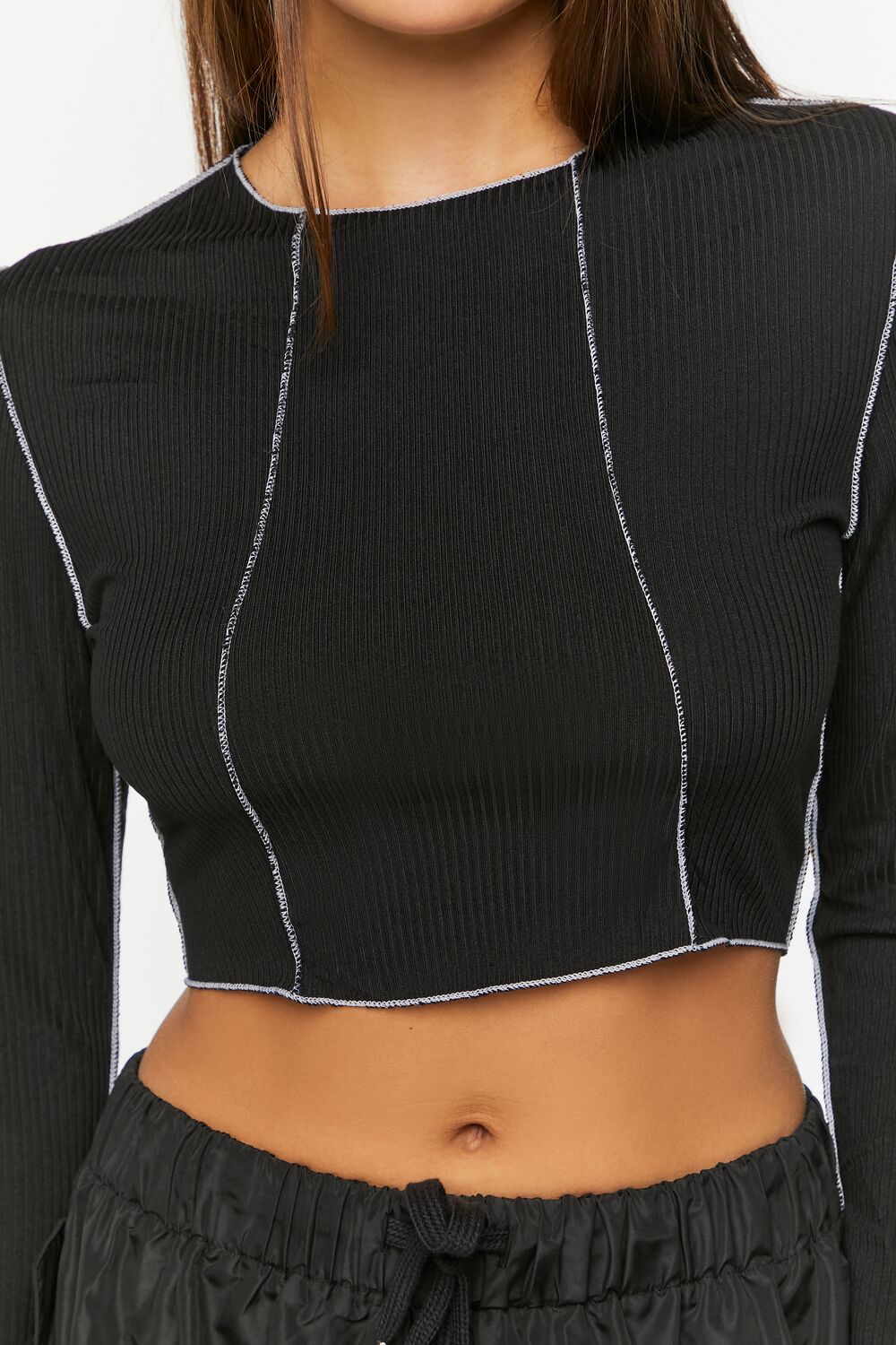 Contrast-Seam Long-Sleeve Crop Top