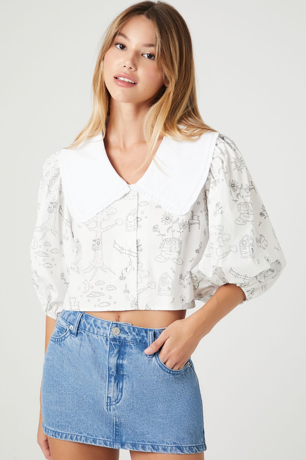 Doodle Print Wide Collar Shirt