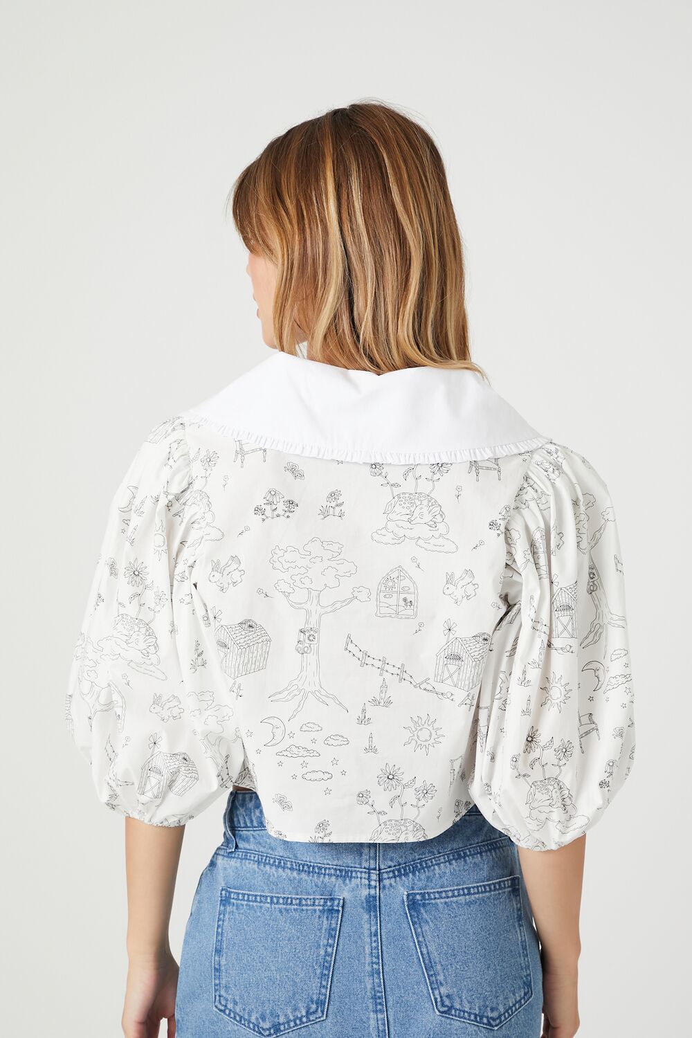 Doodle Print Wide Collar Shirt
