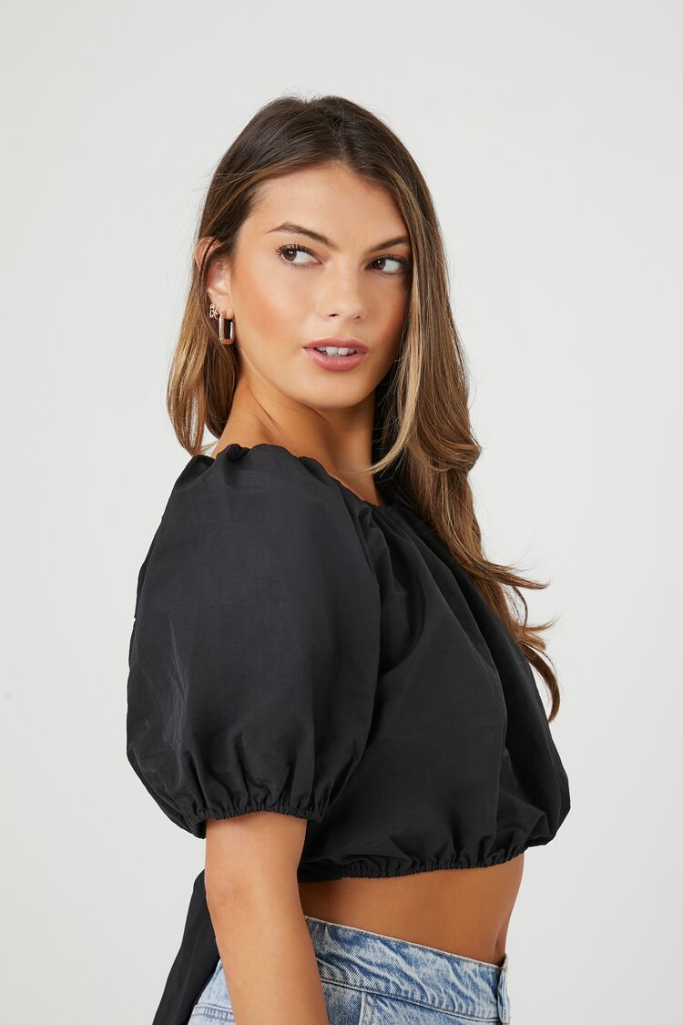 Puff-Sleeve Lace-Back Crop Top