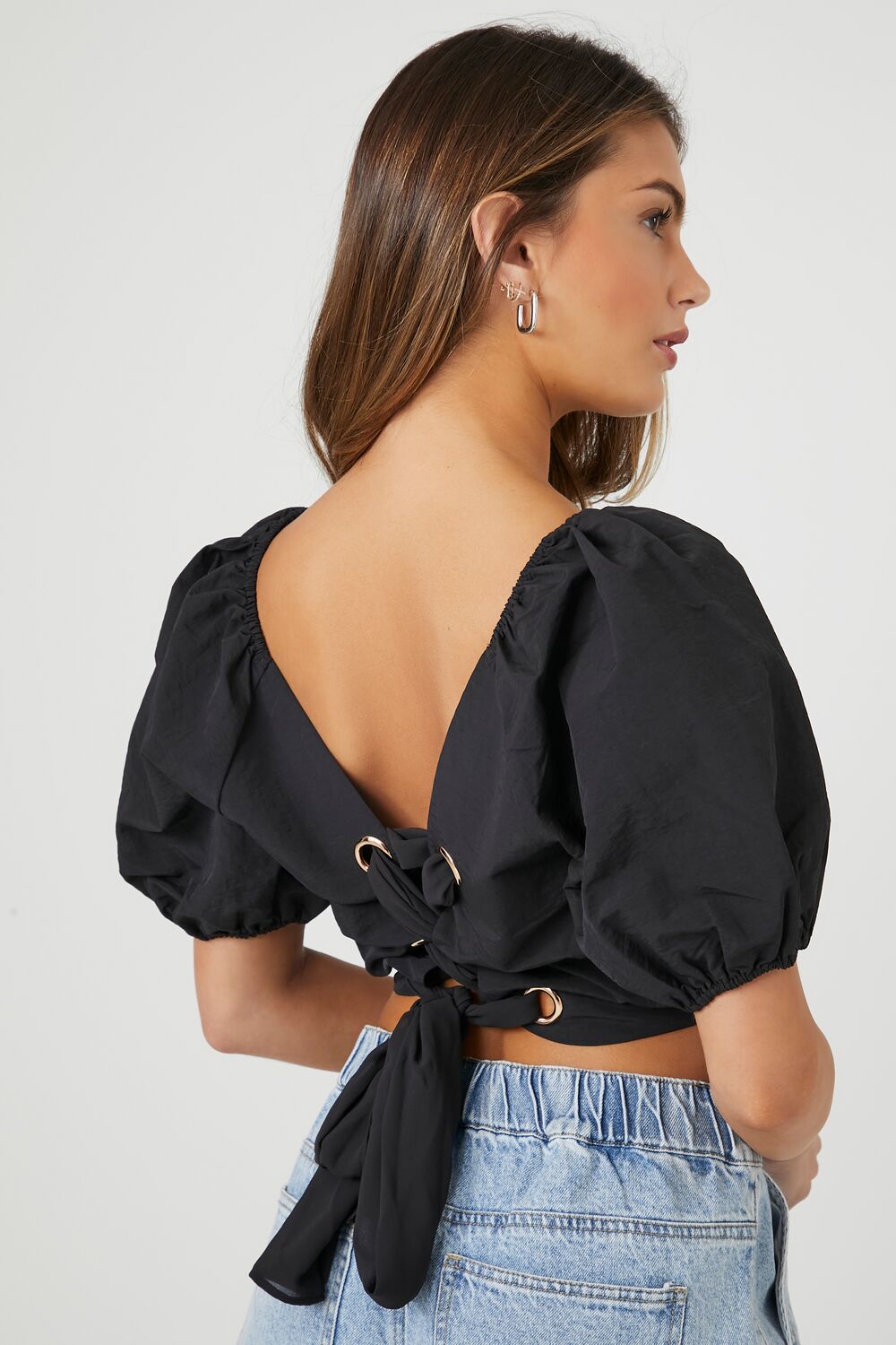 Puff-Sleeve Lace-Back Crop Top