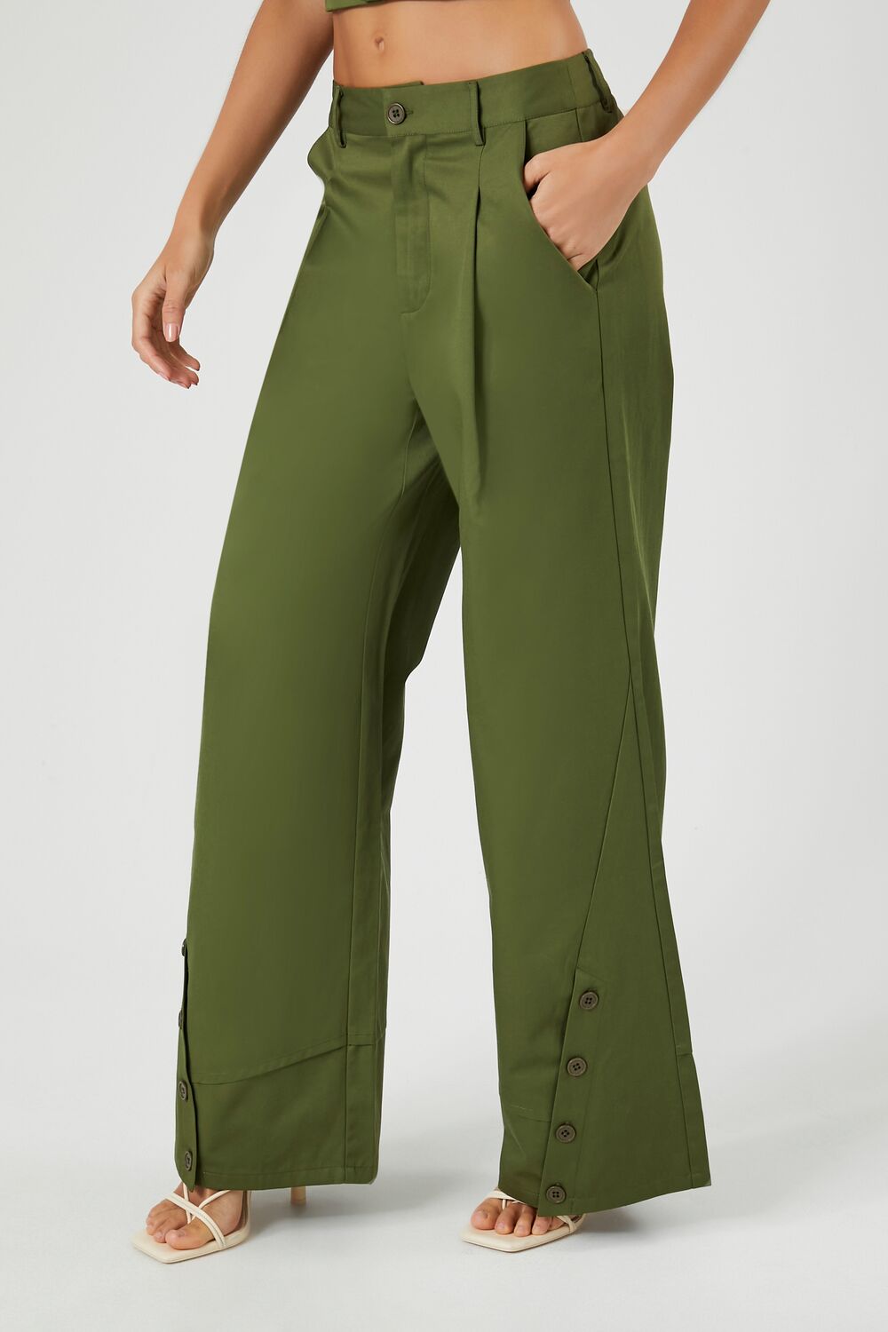 Button-Hem Wide-Leg Pants