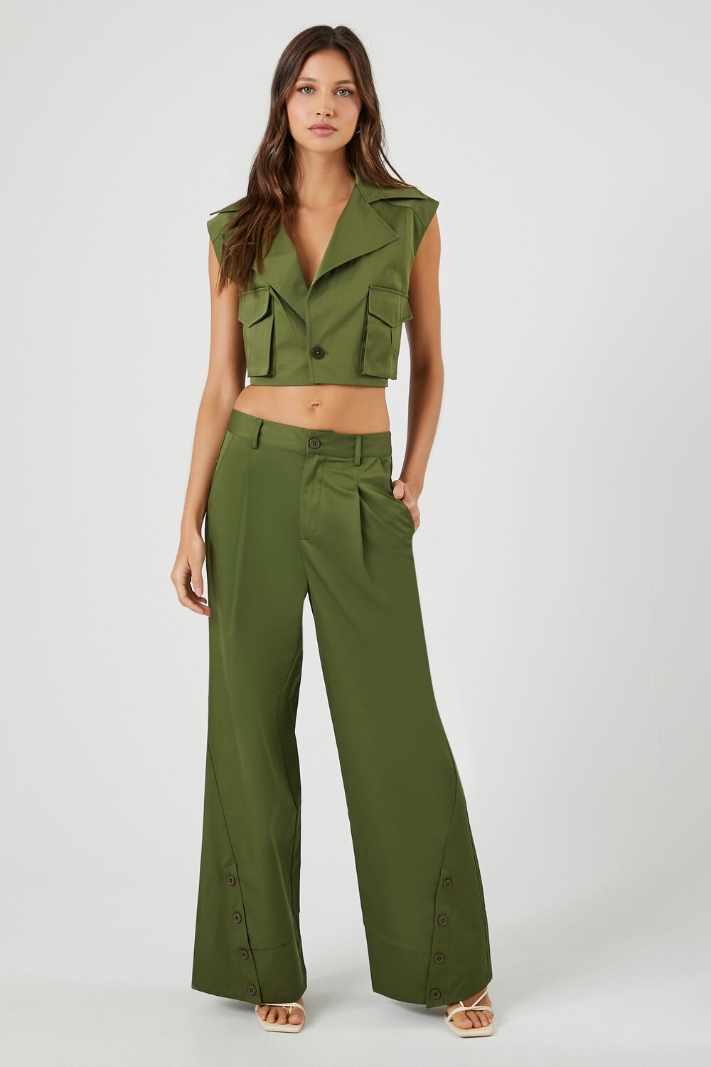 Button-Hem Wide-Leg Pants