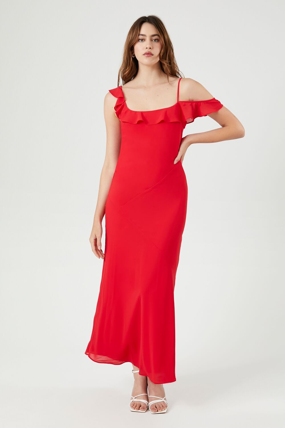 Chiffon Ruffle-Trim Slip Maxi Dress