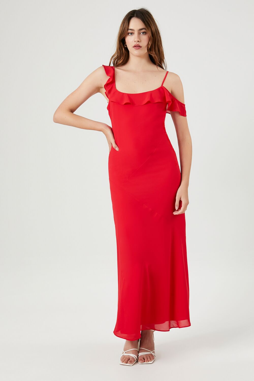 Chiffon Ruffle-Trim Slip Maxi Dress