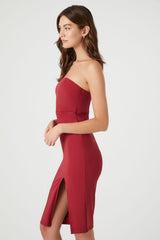 Strapless Leg-Slit Midi Dress