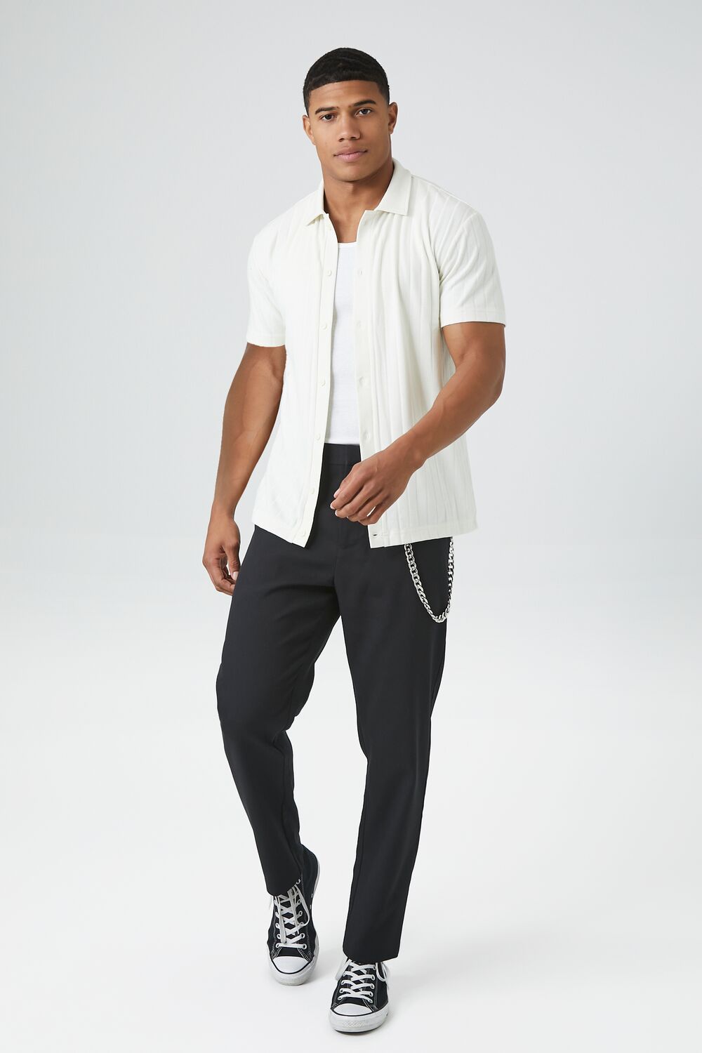 Textured Ribbed Knit Button-Down Shirt