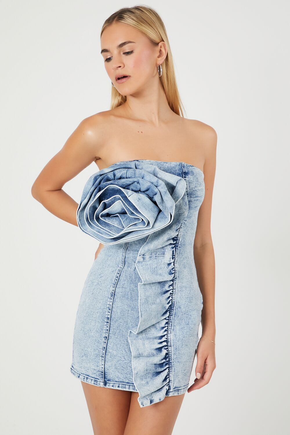 Rosette Denim Mini Tube Dress