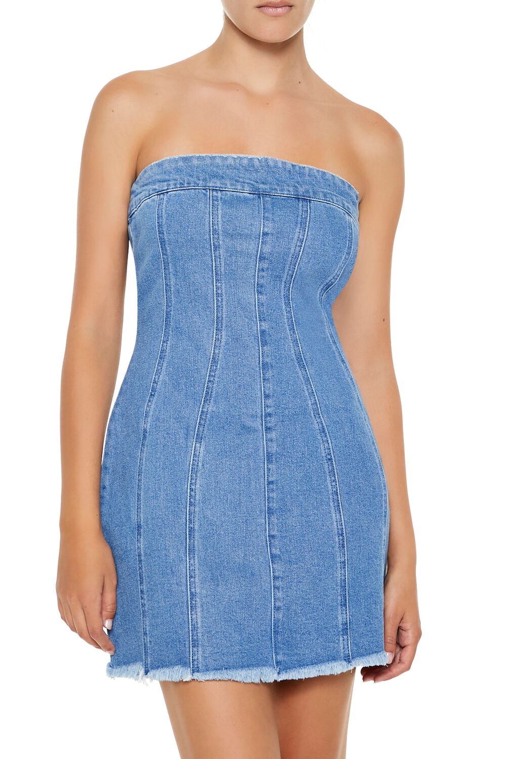 Frayed Denim Tube Mini Dress