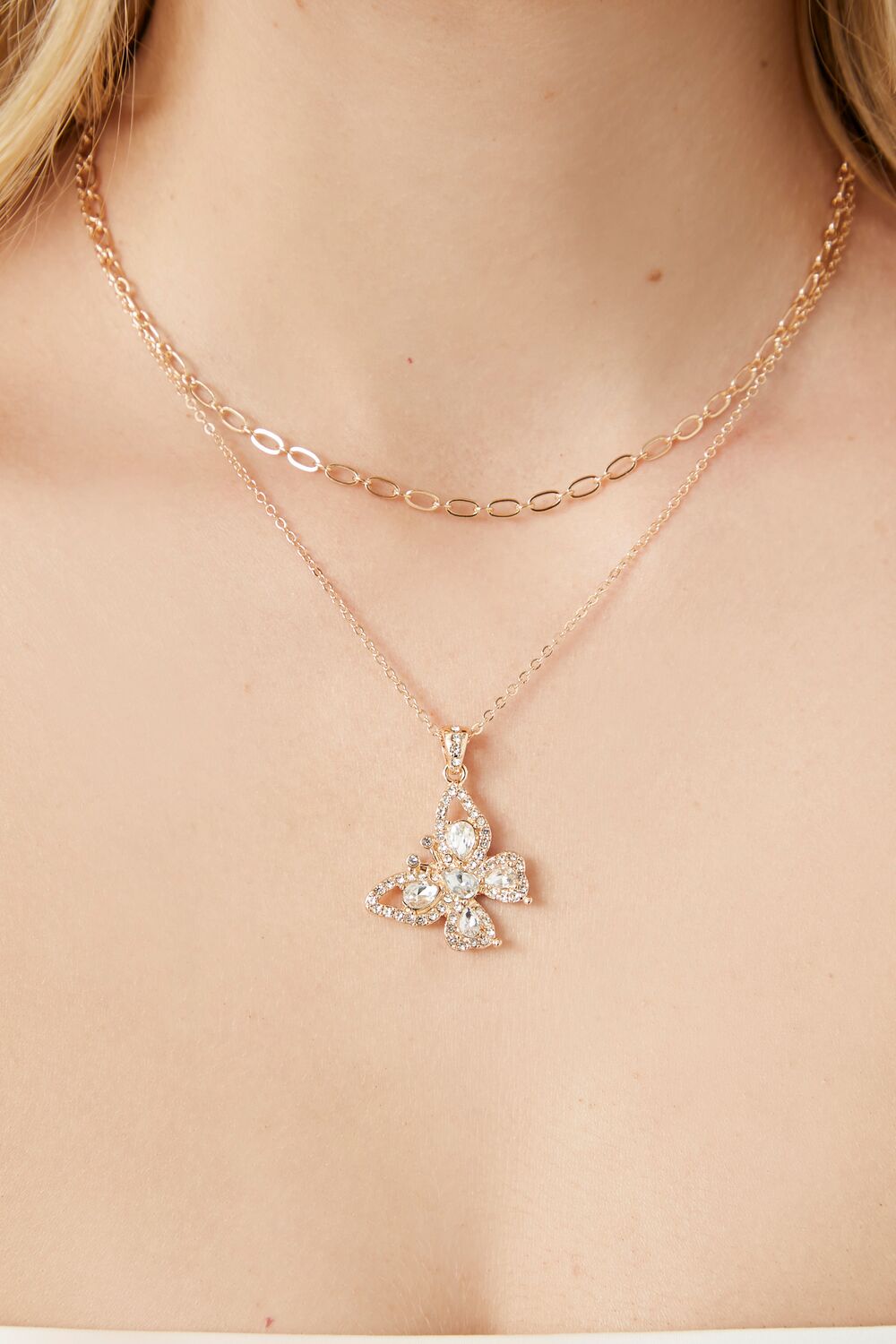 Layered Faux Gem Butterfly Necklace