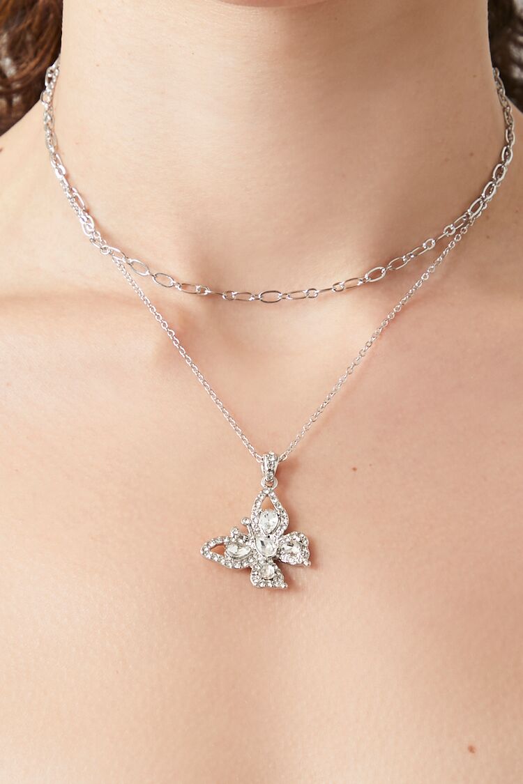 Layered Faux Gem Butterfly Necklace