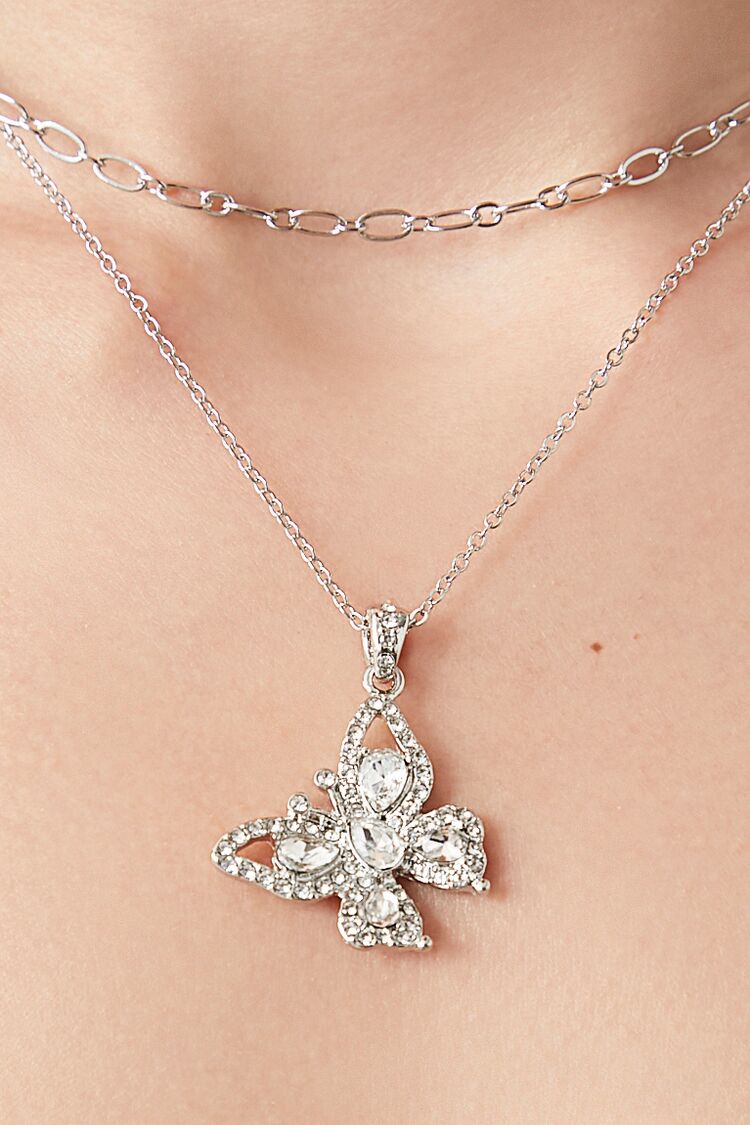 Layered Faux Gem Butterfly Necklace