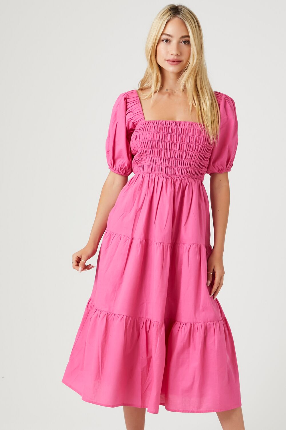 Tiered Puff-Sleeve Midi Dress