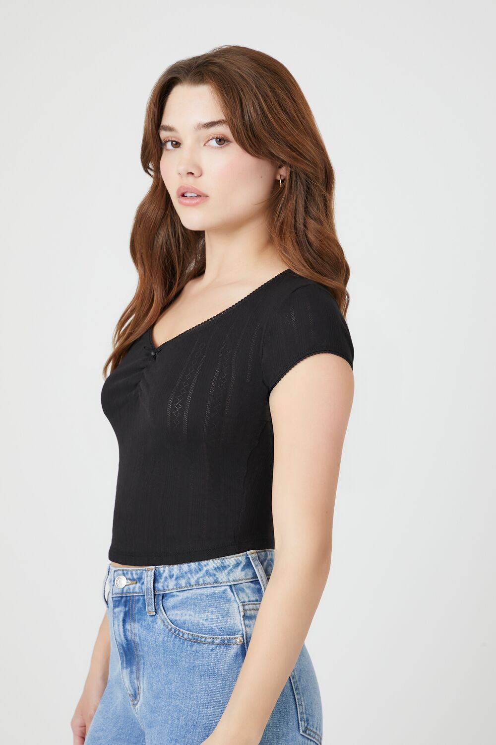 Cropped Pointelle Knit Tee