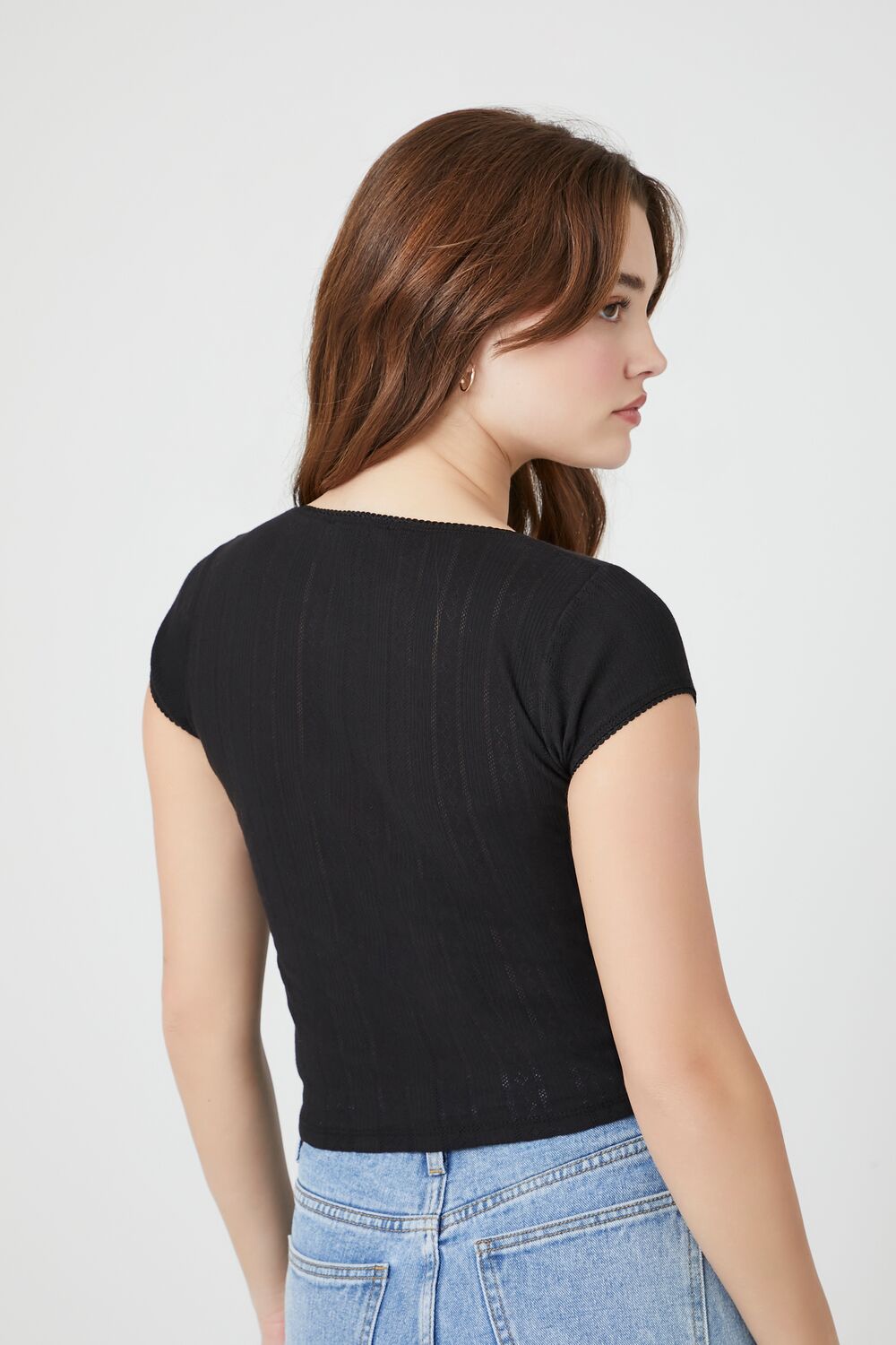 Cropped Pointelle Knit Tee