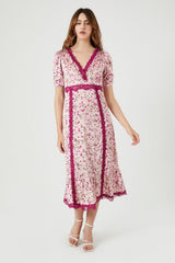 Lace-Trim Floral Midi Dress