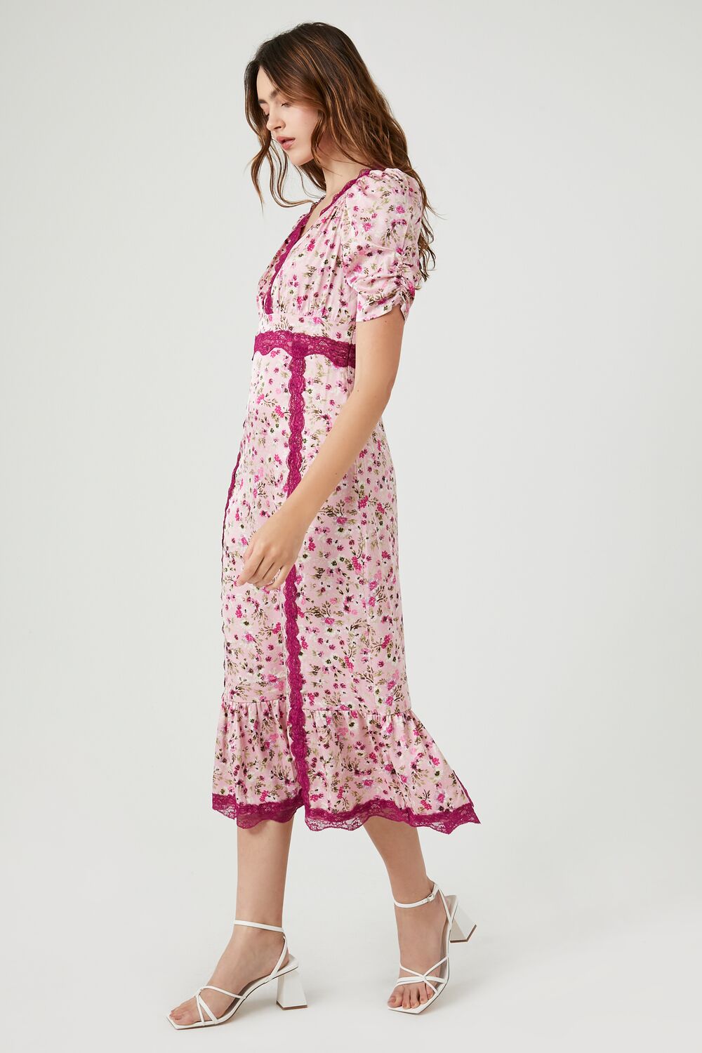 Lace-Trim Floral Midi Dress