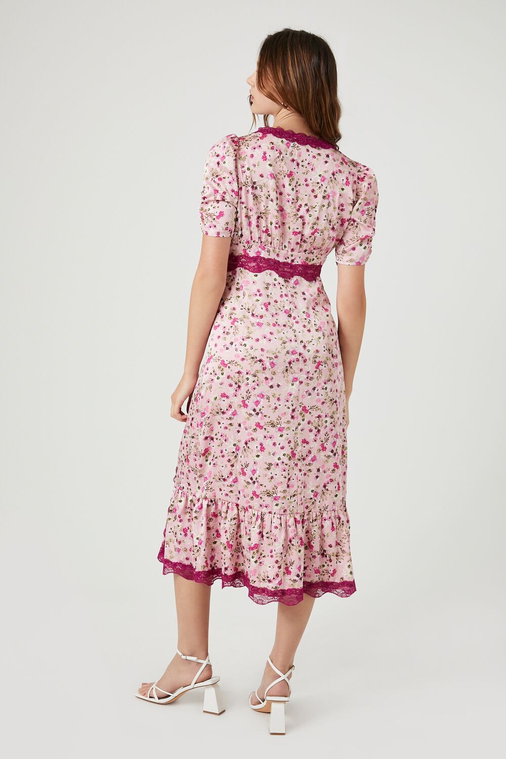 Lace-Trim Floral Midi Dress
