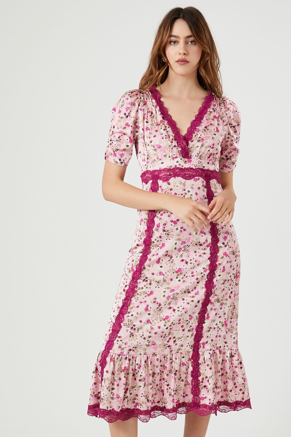 Lace-Trim Floral Midi Dress