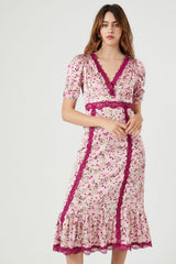 Lace-Trim Floral Midi Dress