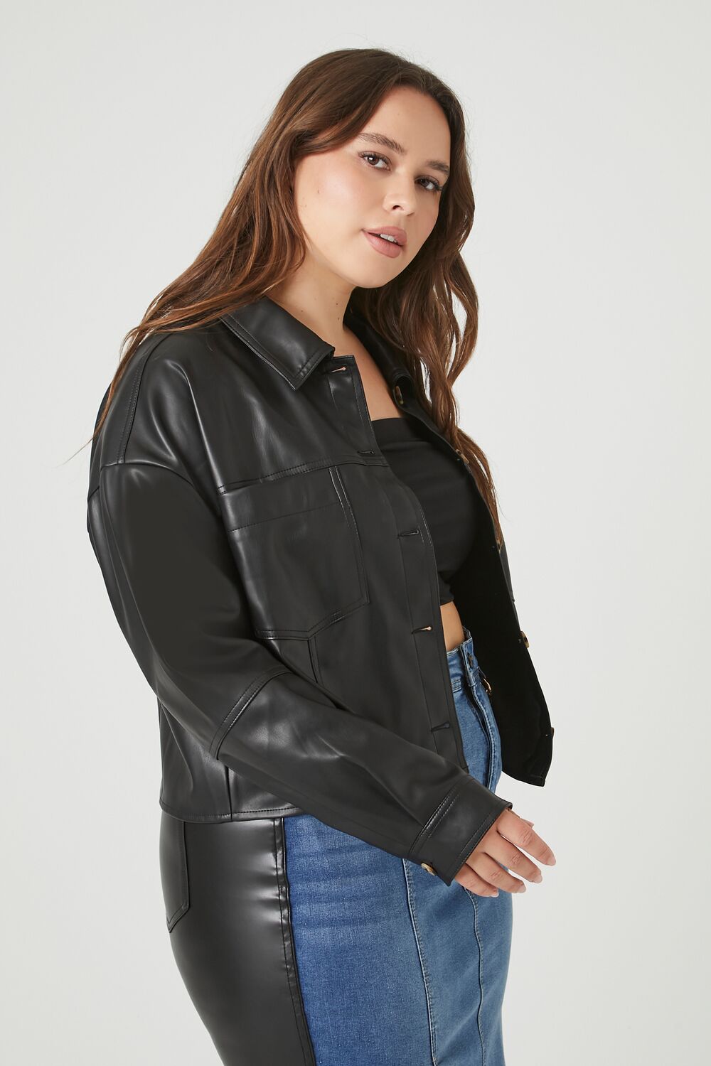 Plus Size Faux Leather Trucker Jacket