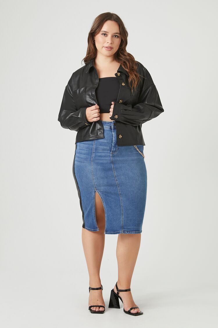 Plus Size Faux Leather Trucker Jacket