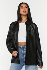 Faux Leather Snap-Button Shacket