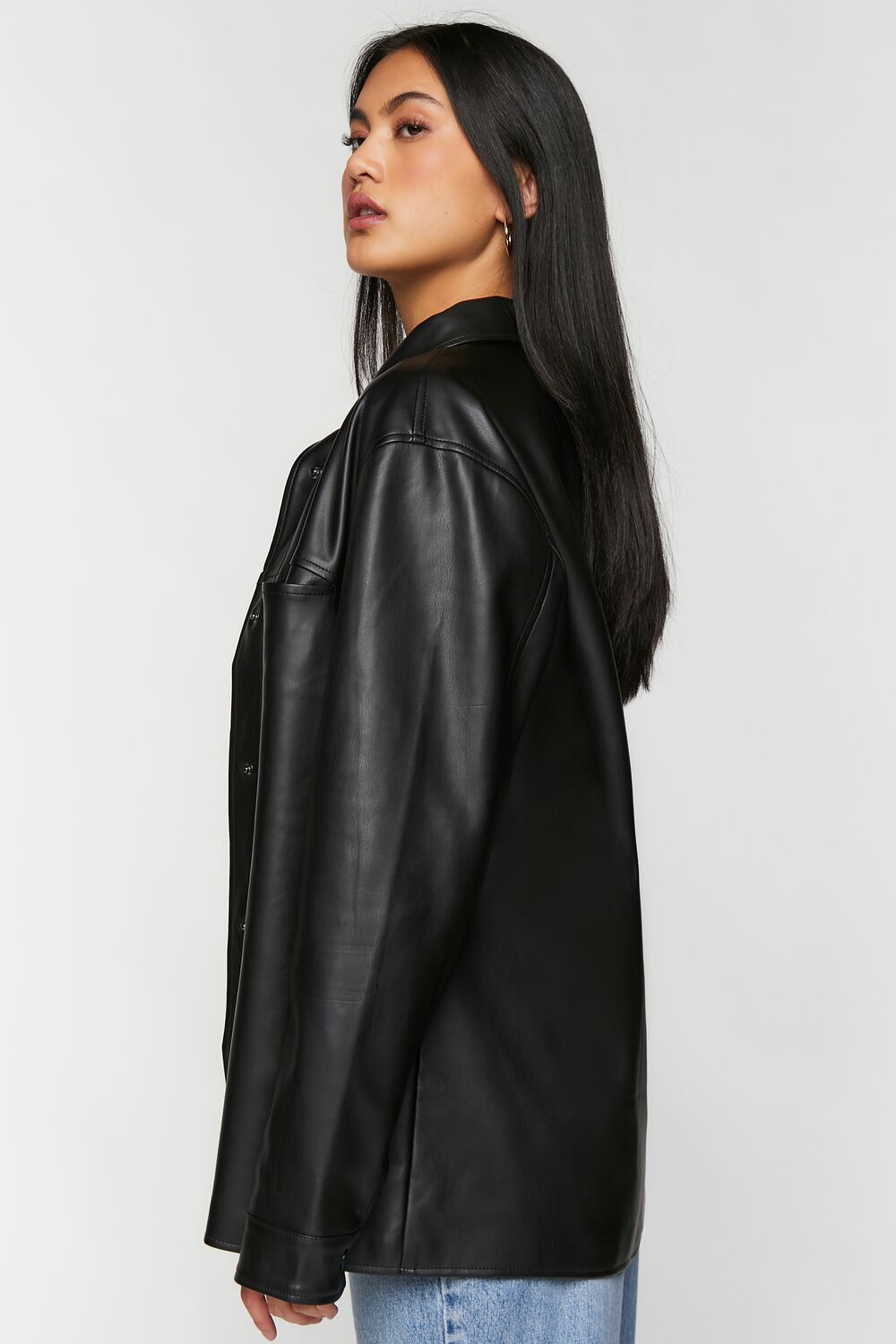 Faux Leather Snap-Button Shacket